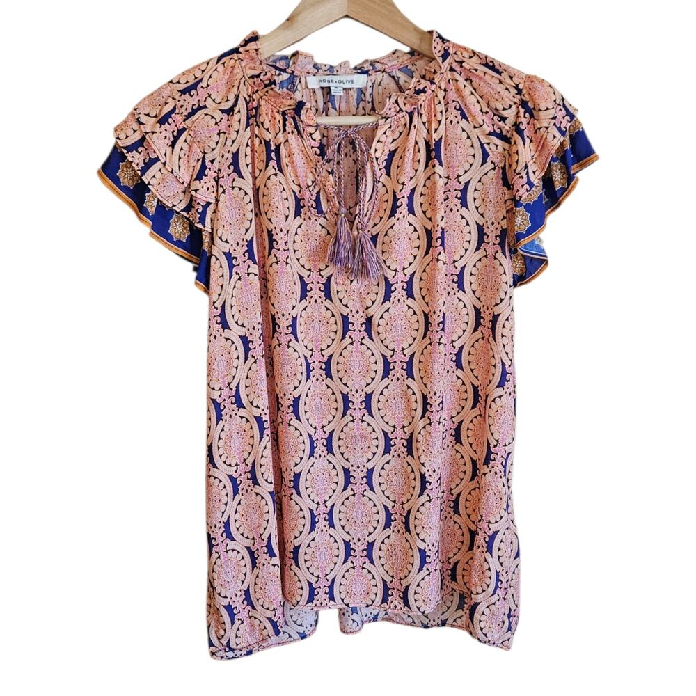 Rose + Olive Blue Pink Medallion Boho Tassel Tie Ruffle Sleeve Blouse Medium